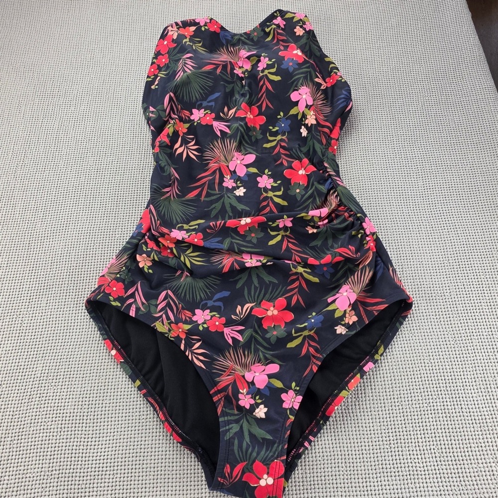 Target Floral One Piece Swimsuit Black Pink Tropical Full Seat Coverage‎ MED 598